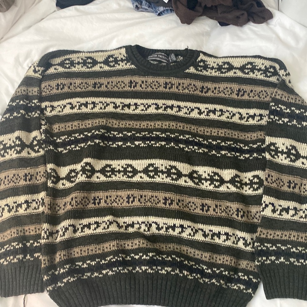 Knit David Taylor sweater, green,tan and cream white.